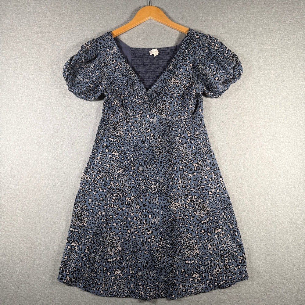 Hem‎ & Thread Blue Leopard Print Puff Sleeve V-Neck Mini Dress Small 770811